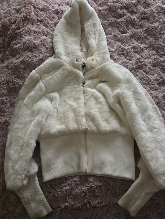 bebe Jackets & Blazers - bebe Cream Faux-Fur Hooded Zip Teddy Jacket